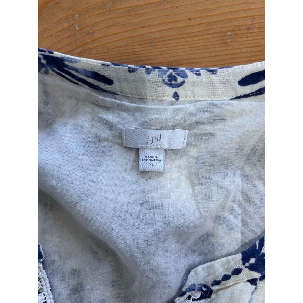 J. Jill Blue White Cotton Dress XL Coastal Boho Vaca Resort Tropical Split Neck - Picture 6 of 11